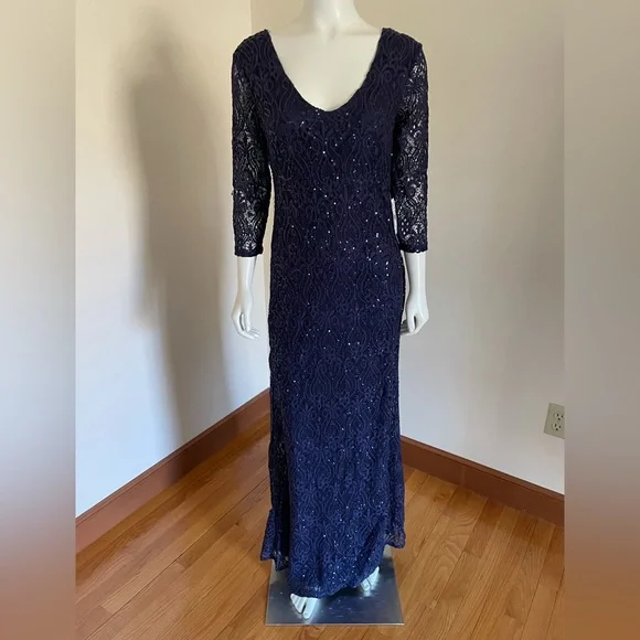 Marina Womens Sequined Lace Evening Dress Navy 10